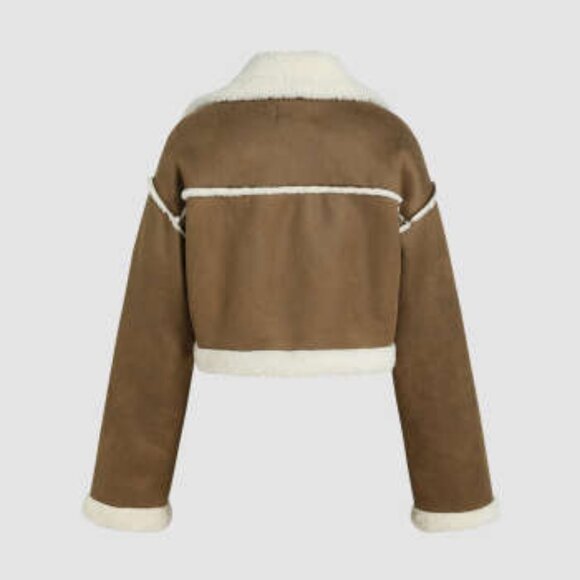Cider Faux Shearling Brown and White Cropped Biker Teddy Jacket 1X - Picture 2 of 15